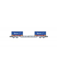 SNCF 4-achsiger 60' CTW Novatrans Sgss, grau, mit 2 blauen 20'-Coil-Container Spedirail, Ep. V