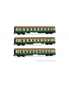 DR Wagen-Set  Set OSShD-Wagen Typ B, Nr. 2/2, 1x A + 1x AB + 1x Bc,  grün/beige, Ep. IV