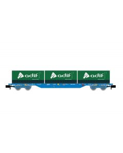RENFE 4-achsiger Containertragwagen mit 3 x 20' ADIF container blau Ep.VI