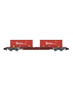 FS 4-achsiger Containertragwagen Sgnss braun mit 2x rot 22' Container Spedirail Ep.VI