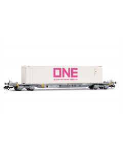 4-achsiger Containertragwagen, grau, mit weissem 45'-Container ONE, Ep. VI