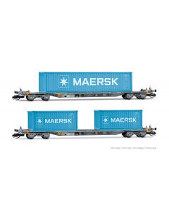 TT 2-teiliges Set, 4-achsiger Containertragwagen, grau, mit 2x 20' + 1x 40' container MAERSK, Ep. VI