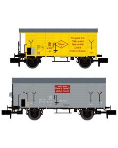 SBB 2 gedeckte Güterwagen 1x K2 Maggi, 1x K3 Le Coultre, grau, Ep. II